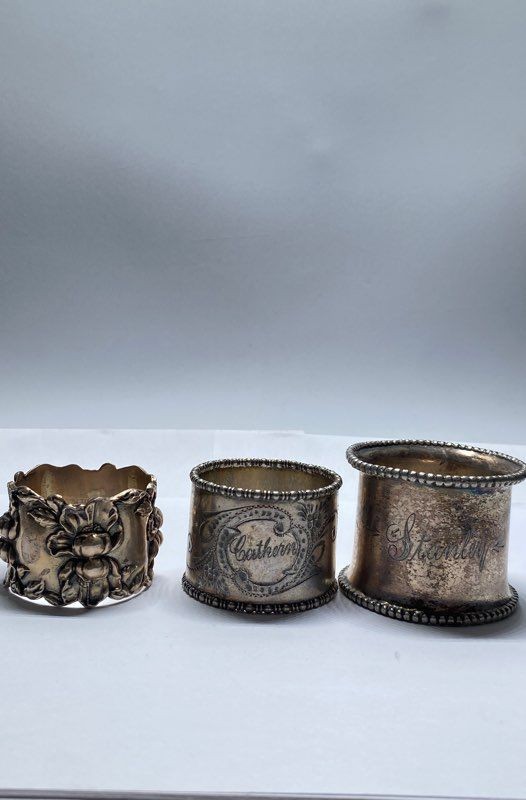 Sterling Silver Napkin Rings Lot 3 Piece Repousse Floral Engraved Monogrammed
