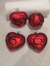 4 Large Heart Shaped Round Glass Baubles Christmas Tree Decorations Red Flocked