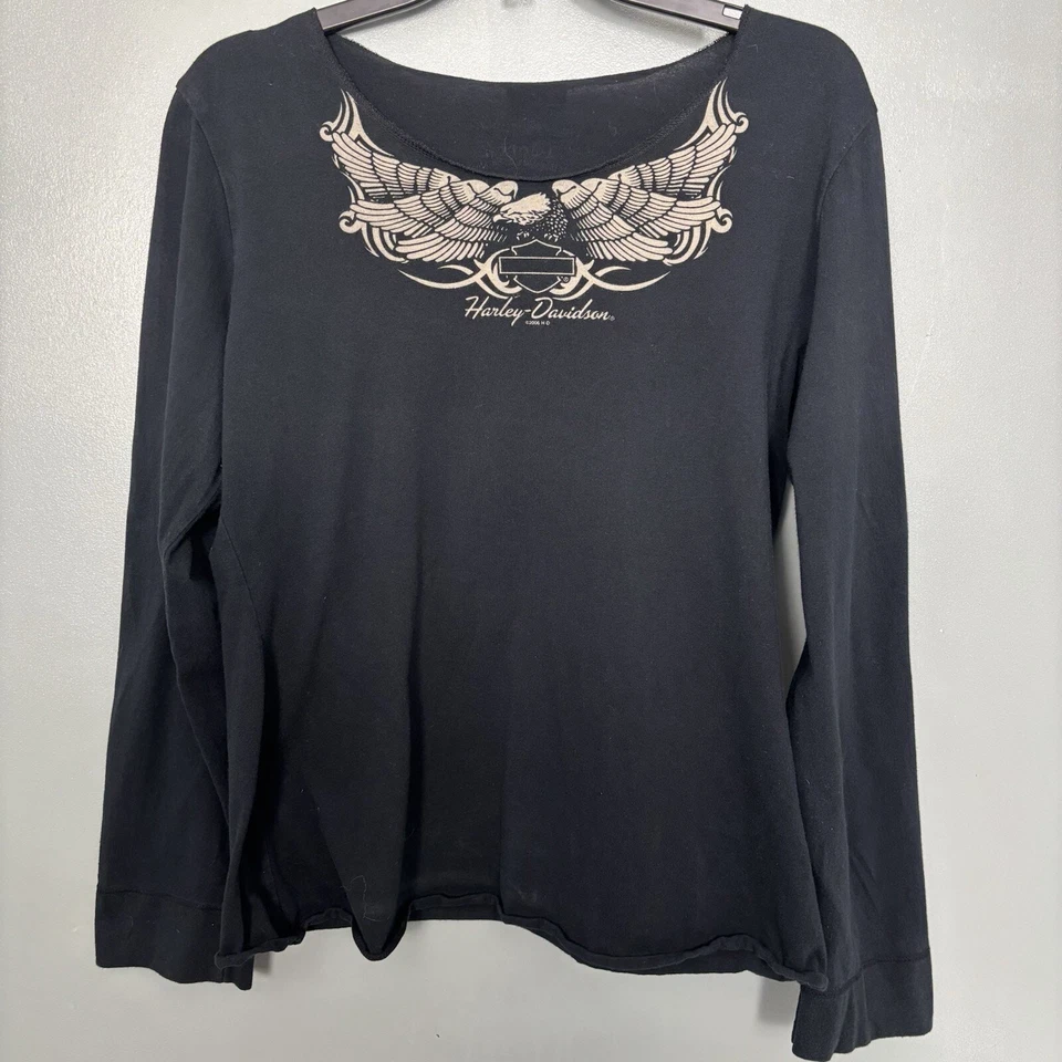 Harley Davidson Women’s Black Scoop Neck Long Sleeve Near Vintage Worth Kansas - Image 2 of 4