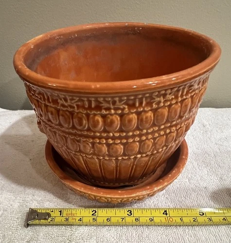 Vintage McCoy Pottery Planter w/ Attached Saucer, Beaded/Textured, Orangey Color