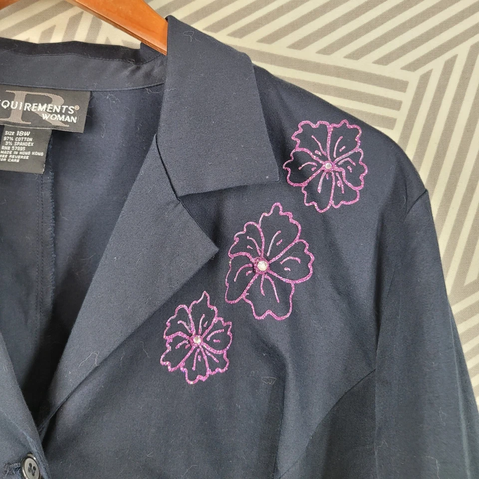 Requisitos Talla Grande 18W Top Abotonado Azul Manga 3/4 Brillo Hibisco Floral Foto 2 de 4