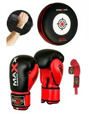 Maxx Leather GEL Rounded Focus Pad & Boxing Gloves 8oz-16oz Sparring Mitts Adult