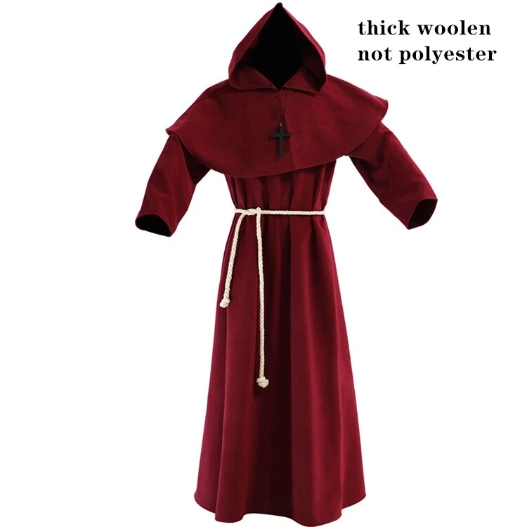 Fantasia cosplay fantasia de teatro Halloween monge bruxo lã com capuz manto - Imagem 2 de 4