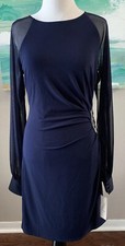 Eliza J  Women's Draped Sheer Long Sleeve Sequin Appliqué Navy Size 4 NWT
