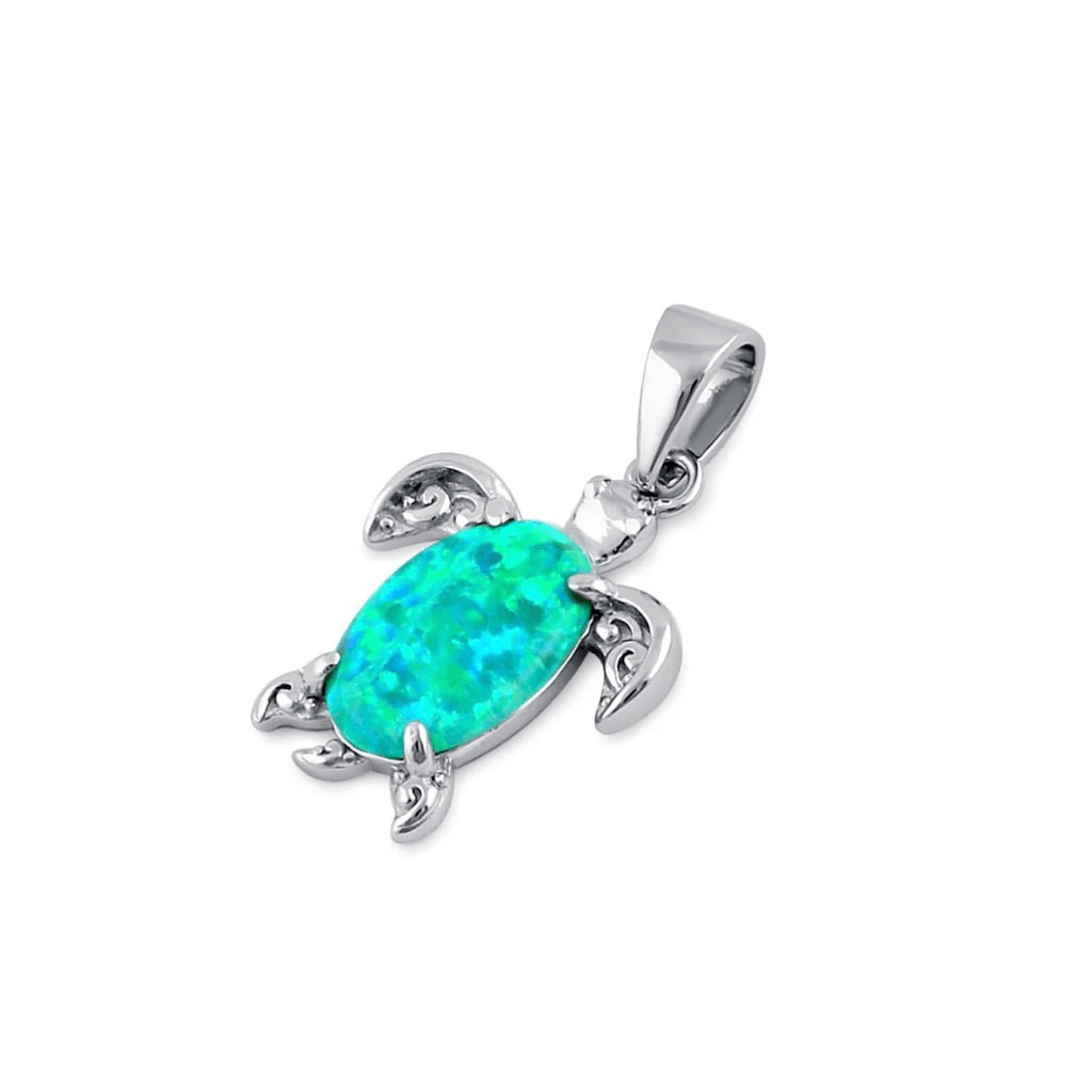 Sterling Silver Green Lab Opal Filigree Sea Turtle Necklace
