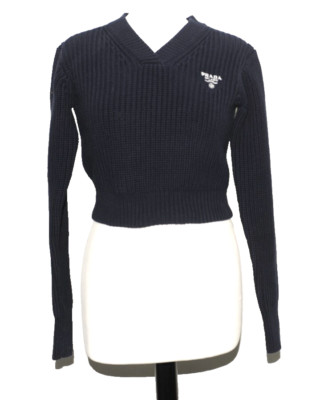 GREAT PRADA COTTON KNITTED NAVY BLUE CROPPED V-NECK JUMPER SIZE 36