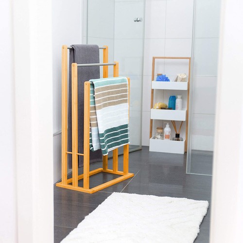 Bamboo Towel Bar Rack 3-Tier Freestanding for Bathroom (Metal Holder) - Picture 3 of 10