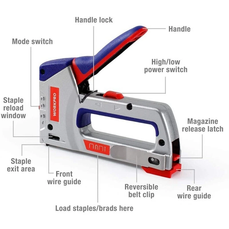 Kit de pistola grapadora 4 en 1 de alta resistencia WORKPRO con 3000 grapas y 1000 clavos Brad Foto 3 de 4