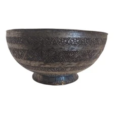 Vintage Islamic Middle Eastern Large Tinned Copper Engraved Bowl 3.5"x7"