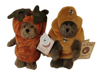 Boyds Bears Lot 8'' Peekers Lil Punkin Pumpkin & Lil Beezley Bee Hive Cute Plush