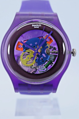 New Limited Swiss Swatch Skel Gent Purple Lacquered Silicone Watch SUOV100 41MM