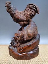 Estatua de gallo y gallina tallada en madera de boj antigua fina de 150*95 mm de China “家和万事兴”