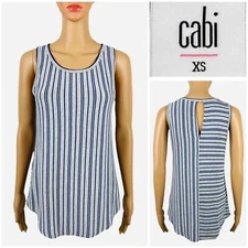 Cabi Women XS Tank Top Style 5569 Stripes Blue Grey Rayon Stretch Sleeveless EUC