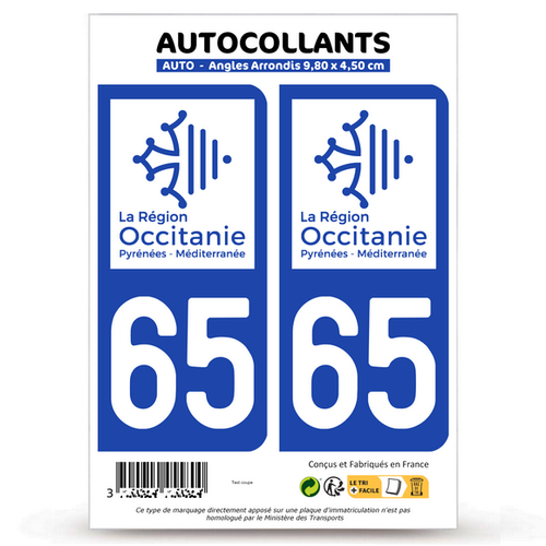 2 Autocollants plaque immatriculation 65 Hautes-Pyrénées - Occitanie Bi-ton - Picture 3 of 13
