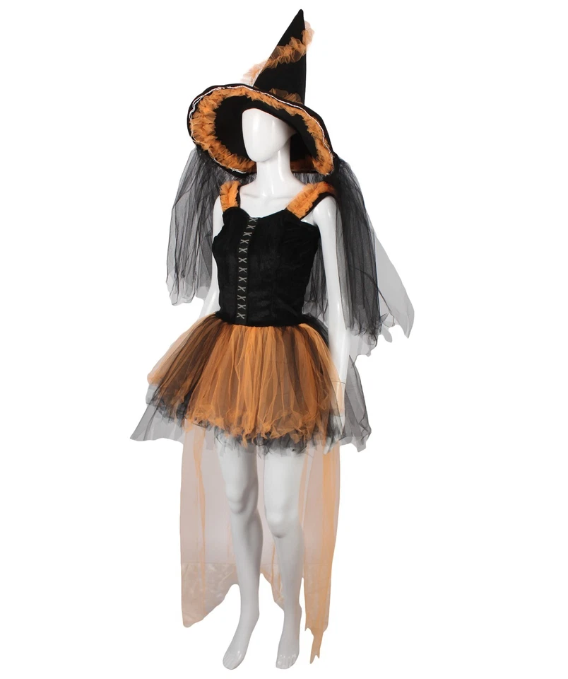 Adult Women’s Black Orange Witch Costume with Skirt and Hat, HC-1885 - Image 3 of 4