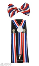 US Flag Patriotic Red White Blue Stripes Suspenders & Patriotic Stripes Bow Tie