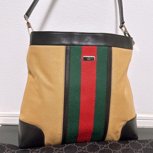 Gucci Handbag Canvas Leather Beige Green Red Black Sherry Line Authentic