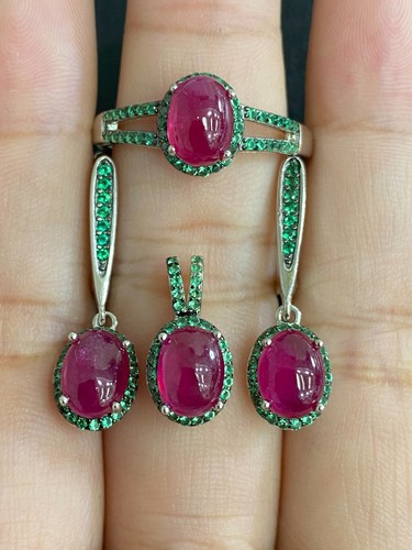 NATURAL RUBY CAB 6X8 GREEN NANO STERLING SILVER 925 RING EARRING PENDENTS - 第 1/14 張圖片