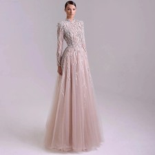 Casual Sequin Bead Ball Gown Long Sleeved Feather Purple Red Lace Evening Dress