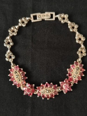 Pink Rhodolite Garnet Bracelet Sterling Silver Marcasite 925 7.5'' Tennis