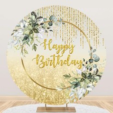 Gold Glitter Birthday Round Backdrop 6.5x6.5ft Green Leaves Photo