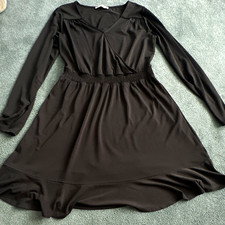 Oasis Black Long Sleeve V-Neck Fit & Flare Short Dress Ruffle Elastic S