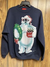 Vintage Coke Coca-Cola Polar Bear Wreath Sweatshirt 1995 Large Navy Blue Soda