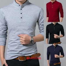 Shirt Men's Fashion Mandarin Collar Long Sleeve Slim Grandad Shirts Pullover