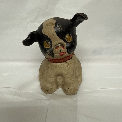 Vintage  Cast Iron Fido Painted Still Bank Black And White Dog Puppy Pat. 1914