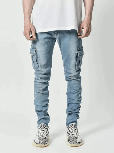 Jeans uomo nuovo pantalone lavaggio tinta unita multitasche denim vita media cargo. - Foto 21 di 24