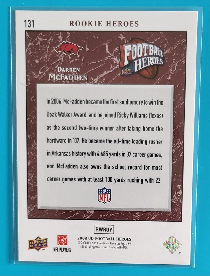 2008 Upper Deck Heroes #131 Darren McFadden Arkansas Razorbacks Football Card  - Image 2 of 2