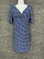 Lauren Ralph Lauren Dress Womens 4 Blue Geometric V Neck Ruched Sheath Jersey