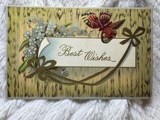 Antique Best Wishes Butterfly Blue Flowers Postcard c. 1907 1915 Ephemera