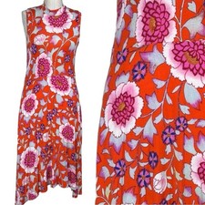 Maeve Anthropologie Orange Floral Stretch Asymmetrical Midi Dress Size Small