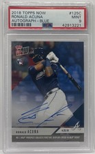 2018 TOPPS NOW RONALD ACUNA ROOKIE ON CARD AUTO AUTOGRAPH BLUE #/49 PSA 9 RC SP. rookie card picture