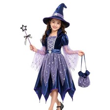 Girls Witch Halloween Costume Dress Set with Hat Wand Bag, Cosplay Party Outfit