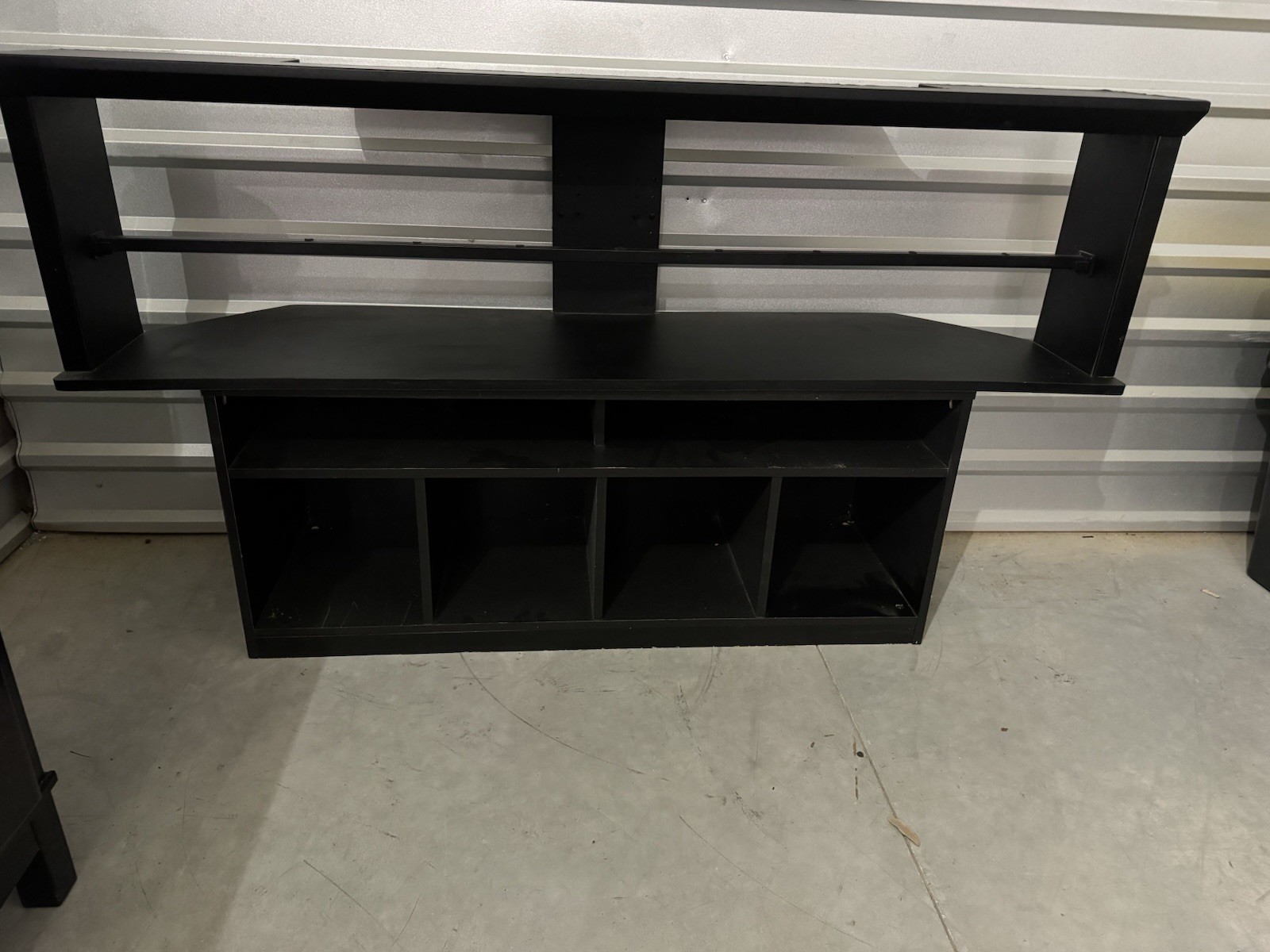 Black Rectangular TV Stand, Wood Composite, 4 Open Shelves, 