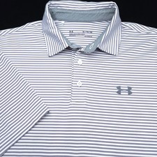 Under Armour Polo Shirt -XL- HeatGear White Gray Stripe Performance Stretch Poly