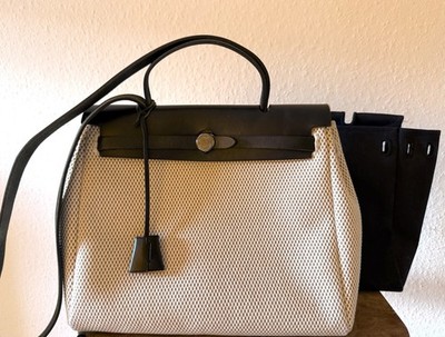 Original Hermès Herbag PM 2Way Tasche Schwarz/Natur + Wechsel Tasche Schwarz