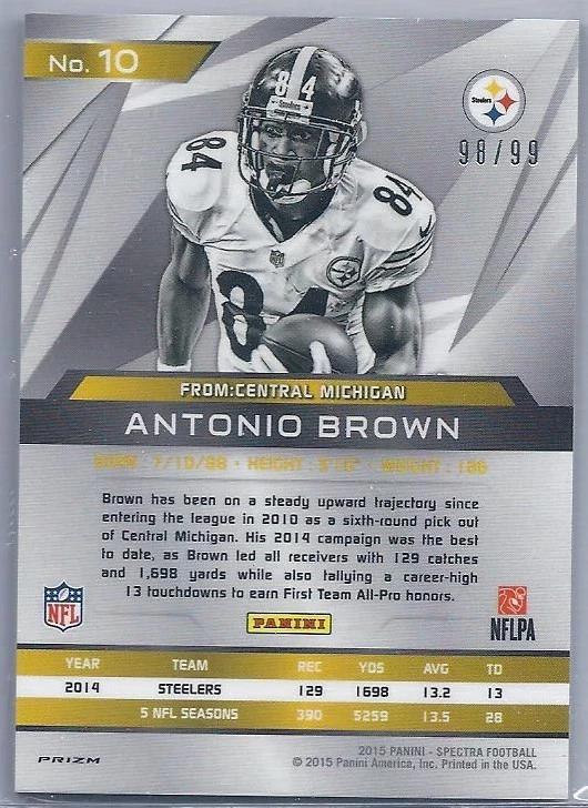 2015 Panini Spectra #10, Antonio Brown, Pittsburgh Steelers Wide Receiver, 98/99 - Image 2 of 2
