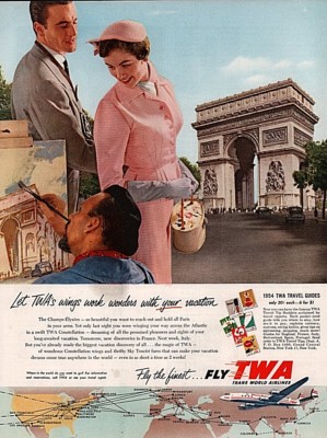 1954 AD  TWA AIRLINE  CHAMPS ELYSEES PRETTY PINK SUIT MAP CONSTELLATION PAINTER