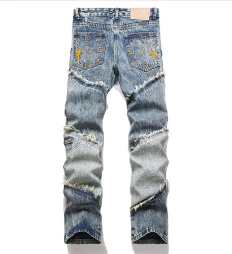 Men's Blue Denim Jeans Straight Leg Pockets Punk Hip Hop Pants Trousers Casual - Picture 2 of 6