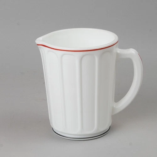 1930s Hazel Atla milk glass pitcher depression ware PLATONITE White, Red stripe