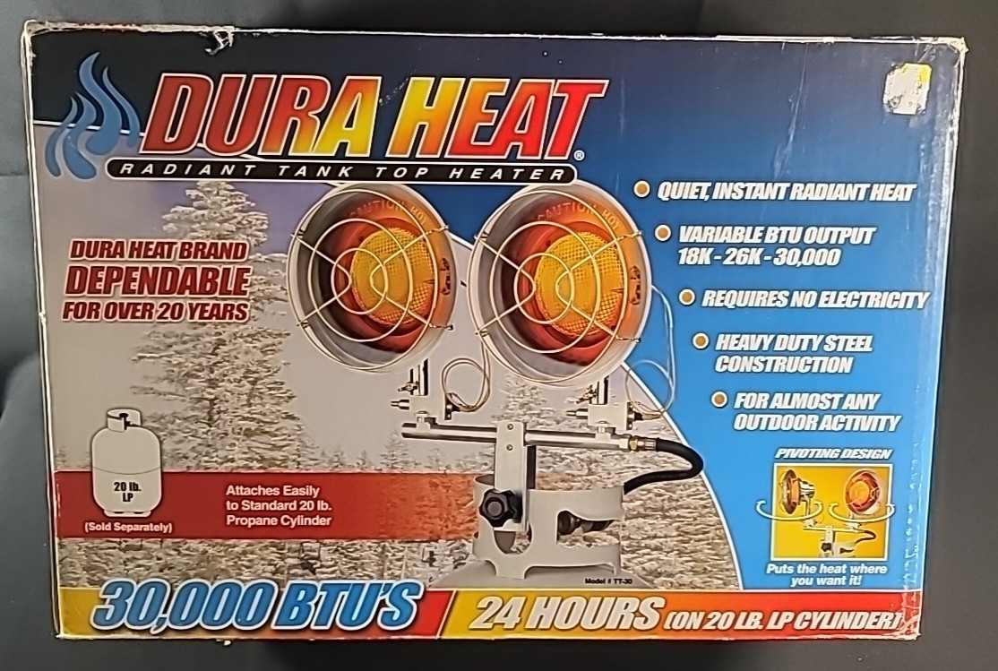 NIB Dura Heat 30,000 BTU Radiant Double Head Tank Top Propan