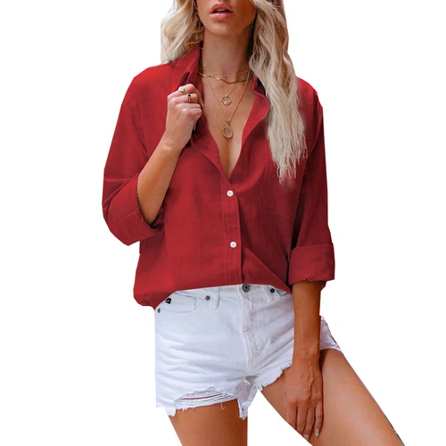 Women’s Cotton Linen Plain Blouse Tops Ladies Baggy Long Sleeve Casual T-Shirt ! - Picture 9 of 23