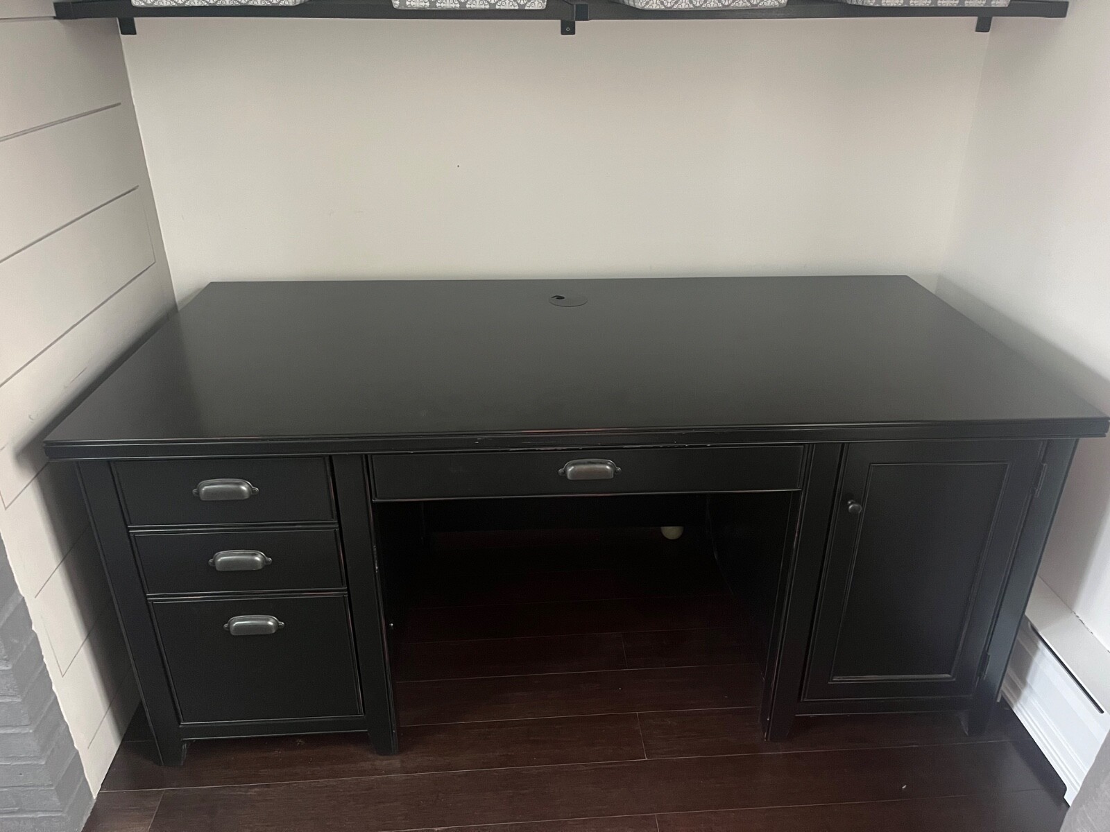 Black solid wood desk with drawers,filing drawer, and cabinet with pull out tray