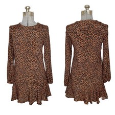 GAP Cheetah Print Brown & Black Rayon Flounce Hem Dress Size XS Long Sleeves