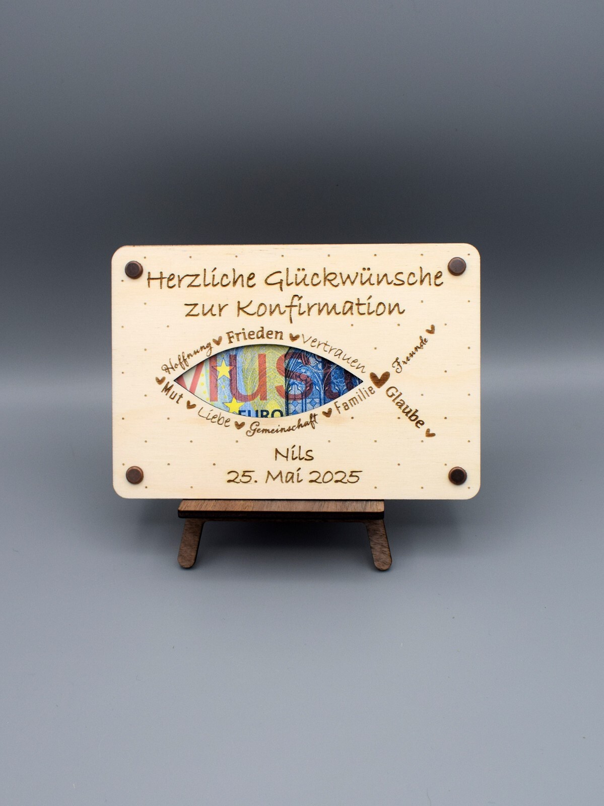 Personalisierbare Holzkarte für Geldgeschenke – perfekt zur Konfirmation