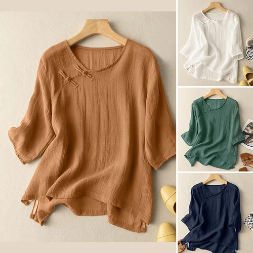 Women Cotton Linen Plain T Shirts 3/4 Sleeve Casual Workwear Office Summer Tops