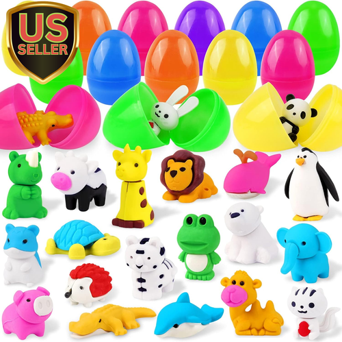 24 Pcs Animal Erasers for Easter Eggs, 24 Pcs Easter Eggs Prefilled for Hunt ...